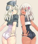  2girls :&lt; :d ass blonde_hair blue_eyes blush crop_top cropped_jacket dual_persona garrison_cap hair_ornament hat kantai_collection long_hair multiple_girls mutsuki_nekohachi one-piece_tan open_mouth puffy_short_sleeves puffy_sleeves ro-500_(kantai_collection) school_swimsuit school_uniform serafuku short_sleeves simple_background smile starfish swimsuit tan tanline u-511_(kantai_collection) white_school_swimsuit white_swimsuit 