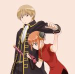  1boy 1girl blue_eyes brown_eyes brown_hair bun_cover chinese_clothes gintama habuki kagura_(gintama) okita_sougo orange_hair short_hair 