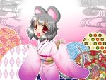  1girl alternate_costume animal_ears cherry_blossoms egasumi fingernails floral_print gradient gradient_background grey_hair japanese_clothes kikkoumon kikumon kimono looking_at_viewer mouse_ears mouse_tail nazrin obi open_mouth pink_background red_eyes sash satchii_(artist) seigaiha short_hair side_glance solo tail touhou 