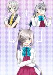 3girls ahoge argyle argyle_background asashimo_(kantai_collection) asymmetrical_hair blue_eyes bow fusion gloves green_eyes green_hair grin hair_over_one_eye kantai_collection kiyoshimo_(kantai_collection) long_hair long_sleeves multiple_girls nowaki_(kantai_collection) open_mouth school_uniform side_ponytail smile twintails ude very_long_hair white_gloves 