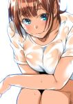  1girl blue_eyes breasts brown_hair dfreak looking_at_viewer original short_hair simple_background solo wet wet_clothes wet_shirt white_background 