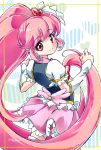  1girl aino_megumi cure_lovely happinesscharge_precure! heart highres long_hair looking_at_viewer looking_back magical_girl pink_eyes pink_hair pink_skirt precure skirt smile solo very_long_hair 