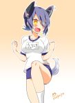  &gt;:d 1girl :d alternate_costume buruma dog_tail gym_uniform headgear highres imu_sanjo kantai_collection kemonomimi_mode looking_at_viewer open_mouth purple_hair short_hair smile solo tail tenryuu_(kantai_collection) translation_request yellow_eyes 