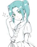  1girl aqua_hair dress eyebrows gedou_(ge_ge_gedou) green_eyes monogatari_(series) nisemonogatari ononoki_yotsugi short_hair spot_color twintails v_over_eye 