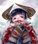  1girl black_hair breath bust horns jaco mittens original red_eyes scarf solo winter 