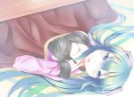  1girl blue_eyes blue_hair breasts cleavage eating hatsune_miku kiseno kotatsu long_hair looking_at_viewer lying on_back open_mouth solo table twintails under_kotatsu under_table vocaloid 