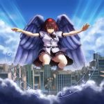  1girl album_cover angel angel_wings angra_(band) bangs belt black_legwear black_skirt blue_sky blurry breasts brown_hair building city cityscape clouds collared_shirt cover depth_of_field dominico english feathered_wings frilled_skirt frills giantess hat kneehighs light_rays looking_at_viewer neck_ribbon open_hands outstretched_arms panties pantyshot pantyshot_(squatting) parody pointy_ears puffy_short_sleeves puffy_sleeves red_eyes ribbon serious shameimaru_aya short_hair short_sleeves skirt sky skyscraper solo spread_arms squatting thighs title tokin_hat touhou underwear white_panties wings 
