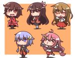  &gt;_&lt; 5girls :3 ahoge bangs blue_hair brown_hair bunny_hair_ornament chibi chitose_(kantai_collection) chitose_(kantai_collection)_(cosplay) cosplay crescent_hair_ornament feiton finger_to_mouth glasses hair_between_eyes hair_ornament highres houshou_(kantai_collection) houshou_(kantai_collection)_(cosplay) jitome jun&#039;you_(kantai_collection) jun&#039;you_(kantai_collection)_(cosplay) kantai_collection kisaragi_(kantai_collection) light_brown_hair long_hair looking_at_viewer looking_away mochizuki_(kantai_collection) multiple_girls mutsuki_(kantai_collection) open_mouth orange_background outstretched_arms pink_hair semi-rimless_glasses short_hair short_hair_with_long_locks simple_background smile spread_arms standing tareme uzuki_(kantai_collection) very_long_hair x3 yayoi_(kantai_collection) zuihou_(kantai_collection) zuihou_(kantai_collection)_(cosplay) 