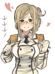  1girl blush epaulettes glasses gloves grin heart holding kantai_collection katori_(kantai_collection) light_brown_hair long_hair long_sleeves melone_(melonenbrot) military military_uniform necktie riding_crop smile solo uniform white_gloves 