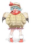  1girl alternate_costume bat_wings blue_hair breath coat gioha hands_in_pockets highres looking_to_the_side red_eyes remilia_scarlet scarf scarf_over_mouth short_hair snow touhou wings winter_clothes winter_coat 