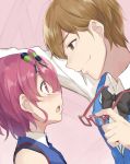  2boys brown_eyes brown_hair cccpo character_request glasses glasses_removed leona_west looking_at_another multiple_boys open_mouth pink_eyes pink_hair puri_para short_hair smile trap wall_slam yaoi 