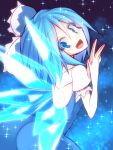  1girl :d blue_dress blue_eyes blue_hair bow cirno dress fang hair_bow ice ice_wings kuresento open_mouth puffy_short_sleeves puffy_sleeves shirt short_sleeves smile solo sparkle touhou wings 