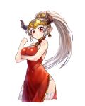  1girl aleeza_(granblue_fantasy) bare_shoulders blush breasts chan_co china_dress chinese_clothes cleavage cleavage_cutout dress earrings granblue_fantasy horns jewelry large_breasts long_hair looking_at_viewer pointy_ears ponytail red_dress red_eyes redhead ribbed_legwear side_slit silver_hair simple_background solo thigh-highs white_background white_legwear 