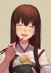  1girl akagi_(kantai_collection) blush bowl brown_hair chopsticks closed_eyes food food_on_face highres holding kantai_collection long_hair looking_at_viewer nanaya_(daaijianglin) open_mouth profile rice rice_bowl rice_on_face smile solo teeth 