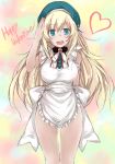  1girl :d apron atago_(kantai_collection) blonde_hair blue_eyes blush happy_valentine hat heart kantai_collection long_hair looking_at_viewer open_mouth smile solo valentine yumesato_makura 