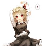  1girl arms_up blonde_hair breasts gorilla_(bun0615) hair_ribbon highres long_hair looking_at_viewer necktie open_mouth red_eyes ribbon rumia shirt short_hair simple_background skirt solo touhou 