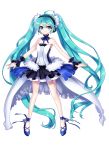  1girl absurdly_long_hair ahoge aqua_hair bare_shoulders blue_eyes hatsune_miku long_hair looking_at_viewer simple_background smile solo songmil twintails very_long_hair vocaloid white_background wrist_cuffs 