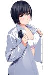  1girl black_hair blush bow bowtie bra breasts cleavage flat_chest highres long_sleeves looking_away matsunaga_kouyou open_clothes original school_uniform short_hair simple_background solo unbuttoned underwear undressing white_background 