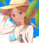  1girl bangs bikini blue_bikini blue_eyes blue_sky blurry braid breasts brown_hair cleavage depth_of_field es_(esscarlet) hair_grab hair_over_shoulder hand_on_headwear hat konami_kirie outdoors parted_bangs single_braid sky small_breasts smile solo sun_hat swimsuit under_boob upper_body world_trigger 