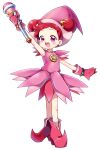  1girl double_bun gloves hair_ornament harukaze_doremi hat highres looking_at_viewer magical_girl musical_note ojamajo_doremi open_mouth pink_eyes pink_gloves redhead simple_background solo songmil white_background 