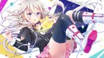  1girl bare_shoulders black_legwear boots braid collar detached_sleeves highres ia_(vocaloid) long_hair megumoke open_mouth pink_skirt pleated_skirt skirt solo thighhighs vocaloid white_hair 