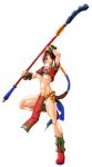  1girl abs boots breasts brown_hair full_body headband highres korean_clothes legs long_hair looking_at_viewer navel panties polearm red_eyes seong_mi-na smile solo soulcalibur toned u-01 under_boob underwear weapon white_panties wrist_cuffs 