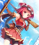  belt bike_shorts clouds dress dual_wielding elbow_gloves feathers gloves goggles goggles_on_head grin gun looking_at_viewer original pouch red_eyes redhead rifle sen_kagura side_ponytail sky sleeveless sleeveless_dress smile weapon 