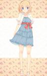  1girl adapted_costume alice_margatroid alternate_costume aoi_(annbi) blonde_hair blue_dress blue_eyes dress floral_background floral_print hairband highres looking_at_viewer puffy_sleeves ribbon sandals sash short_hair short_sleeves smile solo strapless_dress touhou vest 