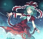  1girl abstract_background blue_eyes bow dress frilled_ribbon frills front_ponytail green_hair hair_bow hair_ribbon kagiyama_hina long_hair looking_at_viewer pantyhose parted_lips ribbon satou_kibi solo spinning swirling touhou wrist_cuffs 