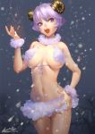  1girl ariverkao bikini horns original purple_hair sheep_horns short_hair snowing solo swimsuit violet_eyes 