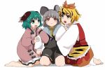  3girls ameyu animal_ears apron arm_hug barefoot black_hair blonde_hair blush capelet dress fang green_eyes green_hair grey_hair hair_ornament jewelry kasodani_kyouko long_sleeves looking_at_another looking_at_viewer mouse_ears multicolored_hair multiple_girls nazrin necklace open_mouth pink_dress red_eyes shirt short_hair simple_background sitting skirt skirt_set sweatdrop tiger_print toramaru_shou touhou two-tone_hair waist_apron white_background wide_sleeves yellow_eyes 