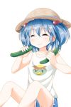  1girl bare_shoulders blue_hair blush closed_eyes collarbone cucumber eating food hair_bobbles hair_ornament happy hat kappa kawashiro_nitori rakugakiyarou shirt short_hair short_sleeves shorts simple_background sitting smile solo straw_hat touhou twintails white_background 