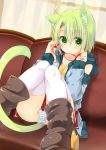 1girl ahoge animal_ears boots cat_ears cat_tail couch dodome-iro_mayonnaise dutch_angle glasses glasses_removed green_eyes green_hair original panties pantyshot pantyshot_(sitting) sharon_(dodomayo) short_hair sitting solo striped striped_panties tail thigh-highs underwear upskirt 