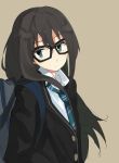  1girl bag bespectacled brown_hair bust earrings glasses green_eyes idolmaster idolmaster_cinderella_girls iwasaki_takashi jewelry long_hair necklace necktie school_bag school_uniform shibuya_rin simple_background solo tagme 