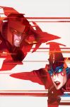  1boy 1girl autobot blue_eyes clenched_teeth decepticon face-to-face glowing glowing_eyes highres mecha red_eyes robot sarah_stone science_fiction simple_background starscream transformers windblade 