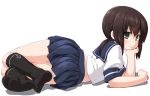  1girl ass black_hair black_legwear blush dd_(ijigendd) fubuki_(kantai_collection) grey_eyes kantai_collection kneehighs long_hair lying on_stomach panty_peek payot pleated_skirt ponytail school_uniform serafuku skirt smile 