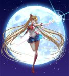  &gt;:o 1girl :o absurdly_long_hair absurdres bishoujo_senshi_sailor_moon bishoujo_senshi_sailor_moon_crystal blonde_hair blue_eyes blue_skirt boots bow brooch choker crescent_moon double_bun douyougen earrings elbow_gloves facial_mark forehead_mark full_body full_moon gloves hair_ornament hairclip highres jewelry knee_boots long_hair magical_girl miniskirt moon moon_stick outstretched_arms red_boots red_bow sailor_moon serious skirt solo spread_arms staff standing_on_one_leg tsukino_usagi twintails very_long_hair 
