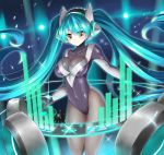  1girl alternate_costume aqua_hair breasts brown_eyes covered_navel hips league_of_legends leotard long_hair miyuki_rei pantyhose solo sona_buvelle twintails very_long_hair 