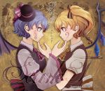  2girls album_cover alternate_costume aqua_eyes ascot bass_clef bat_wings blonde_hair bow bust collared_shirt contemporary cover face-to-face flandre_scarlet hair_bow hat looking_at_another mini_top_hat monicanc multiple_girls purple_hair remilia_scarlet short_hair side_ponytail symmetry top_hat touhou treble_clef vest wide_sleeves wings yellow_eyes 