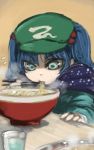  1girl aqua_eyes blue_hair bowl bust chopsticks eating flying_sweatdrops food ginji_(sakaki_summer) glass hair_bobbles hair_ornament hat kawashiro_nitori long_sleeves noodles ramen shirt short_hair solo steam table touhou twintails 