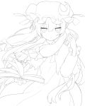  1girl book chestnut_mouth crescent dyumo_(moffri) hair_ribbon hat highres lineart long_hair looking_at_viewer monochrome open_mouth patchouli_knowledge ribbon simple_background solo touhou white_background 