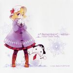  1girl album_cover alternate_costume azuma_aya black_legwear blonde_hair boots breath coat cover gloves hat hat_ribbon long_sleeves looking_at_viewer maribel_hearn mob_cap necktie open_mouth pantyhose plaid plaid_skirt ribbon short_hair simple_background skirt snowflakes snowman solo text touhou usami_renko violet_eyes white_gloves winter_clothes 