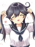 1girl ahoge black_hair blush breasts closed_eyes engiyoshi heart kantai_collection long_hair open_mouth playing_with_own_hair school_uniform serafuku simple_background smile solo tagme twintails ushio_(kantai_collection) 