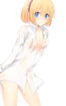  1girl alice_margatroid aoi_(annbi) blonde_hair blue_eyes blush bottomless breasts dress_shirt hairband highres long_sleeves looking_at_viewer naked_shirt no_bra open_clothes open_shirt see-through shirt short_hair simple_background solo sweat sweat_stain touhou white_background 