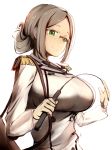  1girl 8gou breasts brown_hair epaulettes glasses gloves green_eyes highres holding kantai_collection katori_(kantai_collection) large_breasts long_sleeves military military_uniform necktie riding_crop short_hair simple_background smile solo uniform white_background white_gloves 
