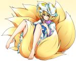  1girl absurdres baba_(pixiv3422465) barefoot blonde_hair comb dress fox_tail hat hat_with_ears highres long_sleeves multiple_tails short_hair sitting smile solo tail tail_chair touhou white_dress wide_sleeves yakumo_ran yellow_eyes 