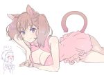  1boy 1girl animal_ears bare_shoulders blood blush breasts brown_hair cat_ears cat_tail cleavage_cutout diane_(nanatsu_no_taizai) dress king_(nanatsu_no_taizai) looking_at_viewer lying nanatsu_no_taizai nosebleed seductive_smile short_hair solo_focus tail tears trico_(mentalsketch1985) twintails violet_eyes yes 