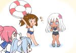 4girls :d :o bare_arms bare_legs blue_eyes blue_hair brown_eyes brown_hair flower gradient_hair hair_flower hair_ornament hair_ribbon i-168_(kantai_collection) i-19_(kantai_collection) i-401_(kantai_collection) innertube kantai_collection long_hair multicolored_hair multiple_girls open_mouth pink_hair ponytail red_eyes ribbon ro-500_(kantai_collection) sailor_collar school_swimsuit school_uniform serafuku shibi slippers smile sweatdrop swimsuit swimsuit_under_clothes tan tanline translated twintails white_hair 