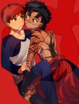  2boys black_hair dark_skin emiya_shirou fate/hollow_ataraxia fate/stay_night fate_(series) full_body_tattoo multiple_boys naoko_(juvenile) raglan_sleeves redhead tattoo verg_avesta yellow_eyes 