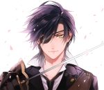 1boy black_hair eyepatch katana petals purple_hair shokudaikiri_mitsutada solo sword touken_ranbu uhouho14 weapon yellow_eyes 